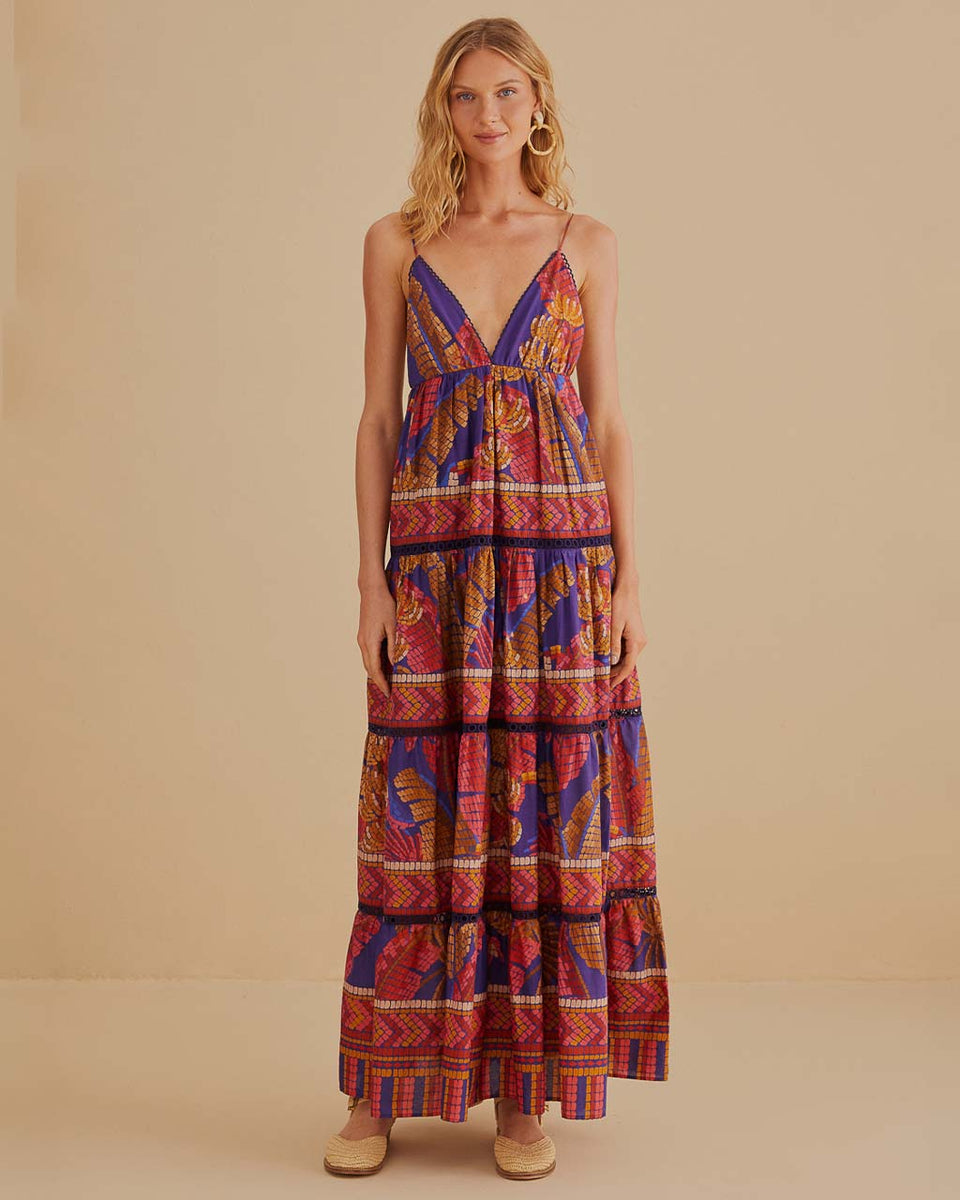 Farm Rio Dark Mixed Prints Tiered Maxi Dress Straps