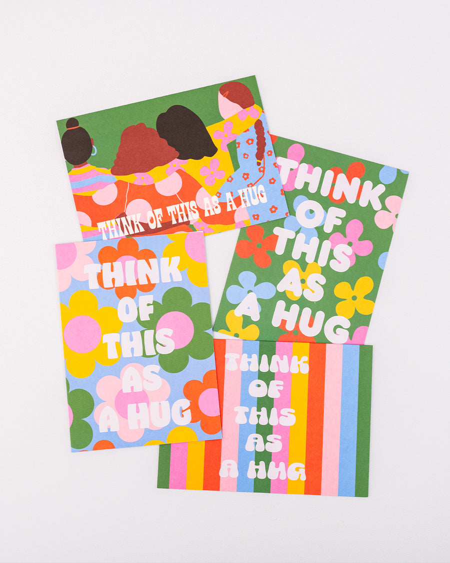 set of 20 greeting cards with 4 styles of 'think of this as a hug'