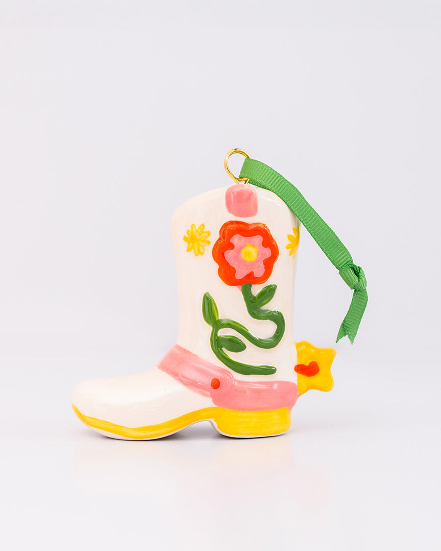 pink ceramic cowboy boot ornament with pink floral detail