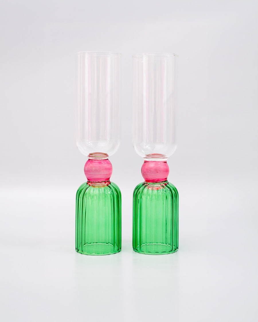 set of 2 bar glasses with green base and pink center detail