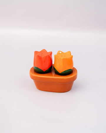 red and orange tulip salt and pepper shakers with brown pot tray