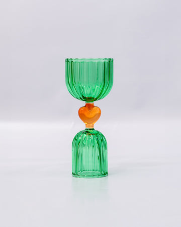 green double shot glass with yellow heart detail