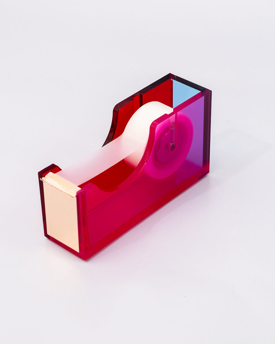 top view of pink, blue and red acrylic tape dispenser