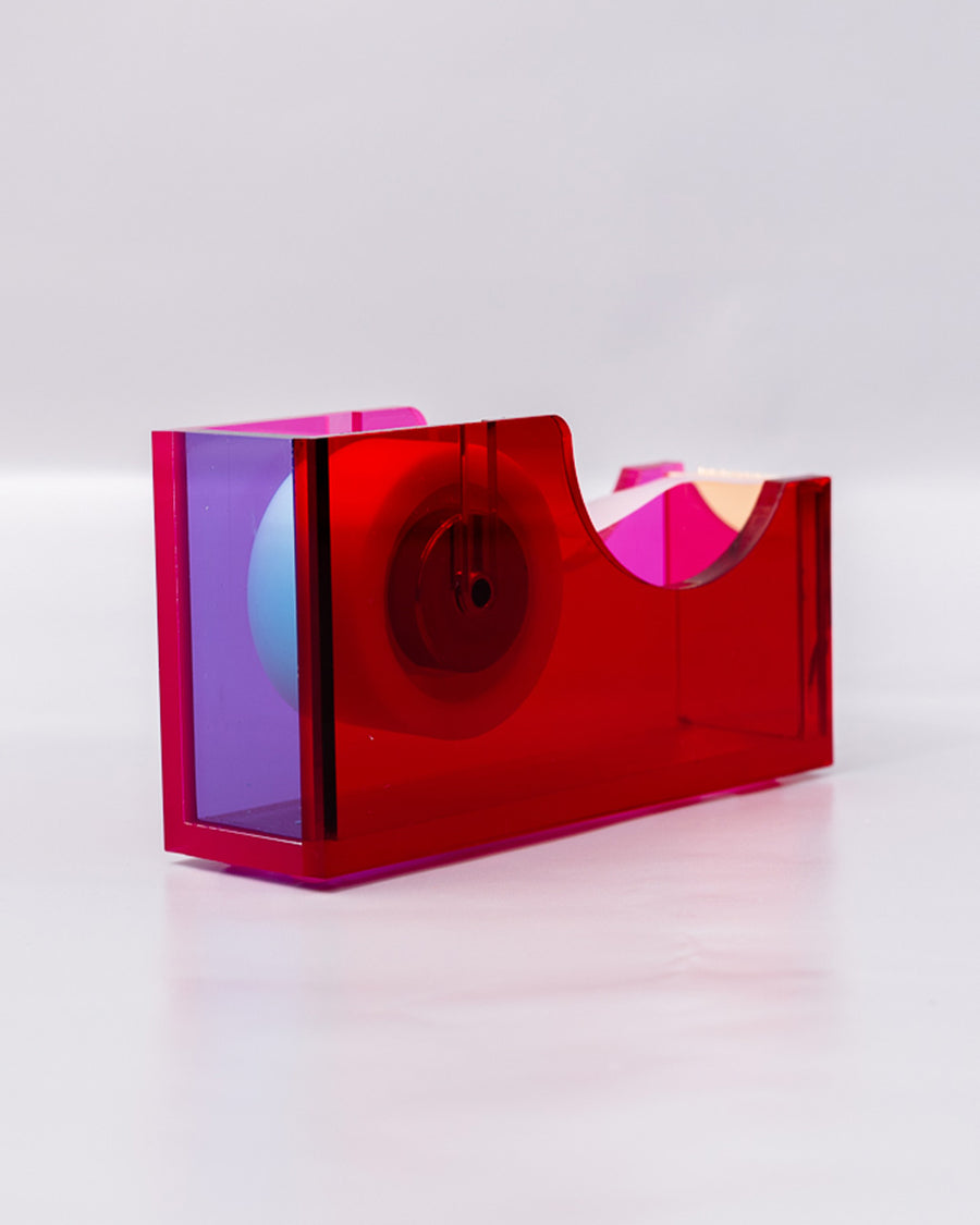 back view of pink, blue and red acrylic tape dispenser