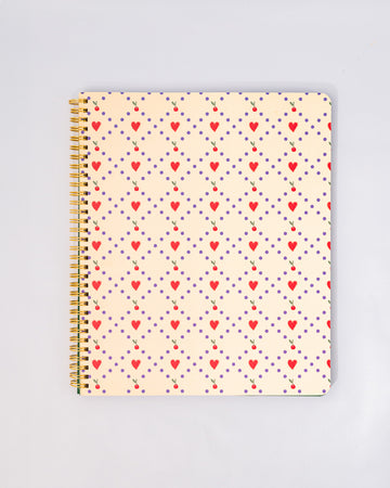 cream large notebook with red heart and cherry criss cross design