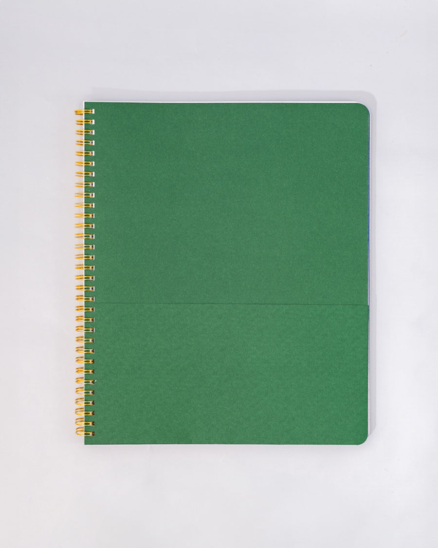 green interior pocket of cream large notebook with red heart and cherry criss cross design