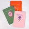 set of three purse size notebooks: pink sleepy thoughts, green sketches and red love notes