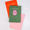 set of three purse size notebooks: pink sleepy thoughts, green sketches and red love notes stacked on each other