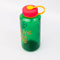 side view of green nalgene like bottle with pink lid, yellow strap and colorful 'sunshine all the time' across the front