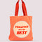 reverse side of tote bag that says 'tomatoes are the best' with yellow and red vertical stripes and red handle