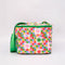 colorful 'quilted' star lunch bag with green trim and strap and front pocket