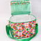 insulated interior of colorful 'quilted' star lunch bag with green trim and strap and front pocket