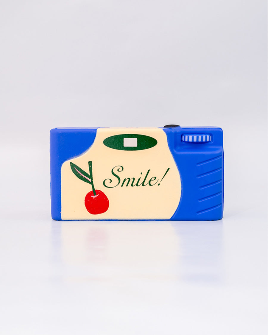 back view of blue, pink, green and cream camera de-stress ball with 'smile!' and cherry print