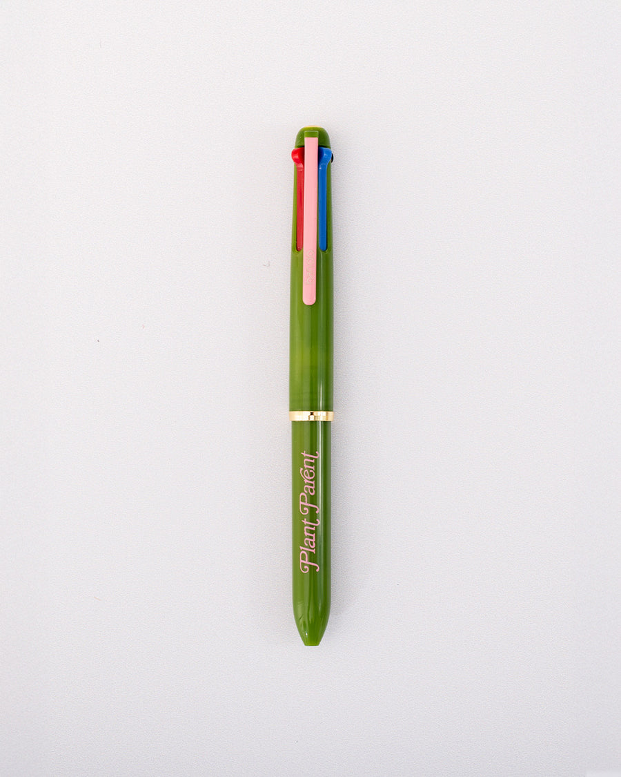 green multi clock pen with pink 'plant parents' typography across the front