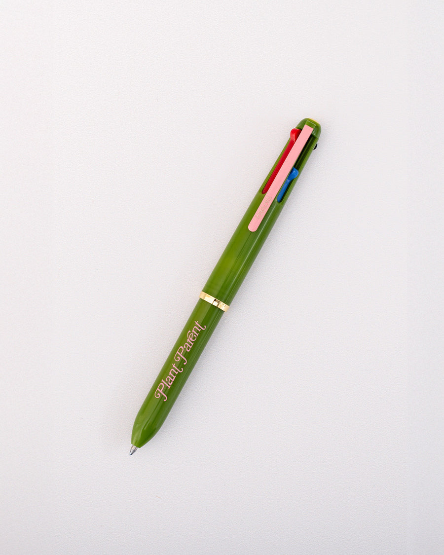 side view of green multi clock pen with pink 'plant parents' typography across the front