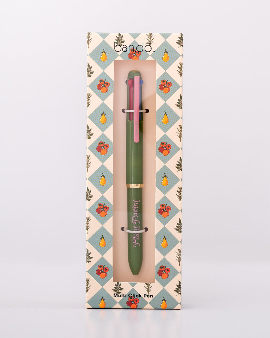 packaged green multi clock pen with pink 'plant parents' typography across the front