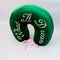 top view of green velvet travel pillow with white 'what a dream' with pink bow