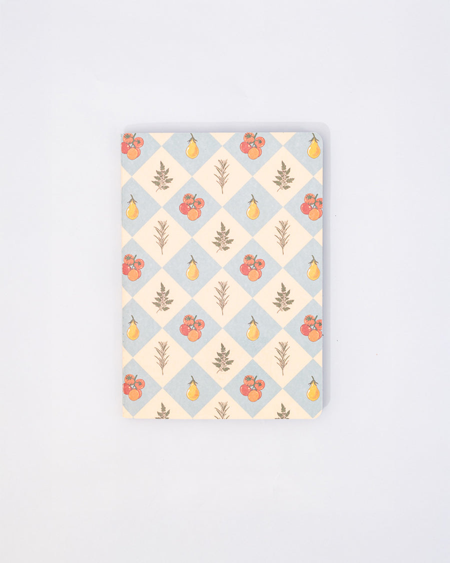 blue and cream diamond notebook with fruit and leaf print