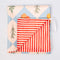 double sided picnic blanket with elastic: cream and blue diamond fruit print and red and cream stripe