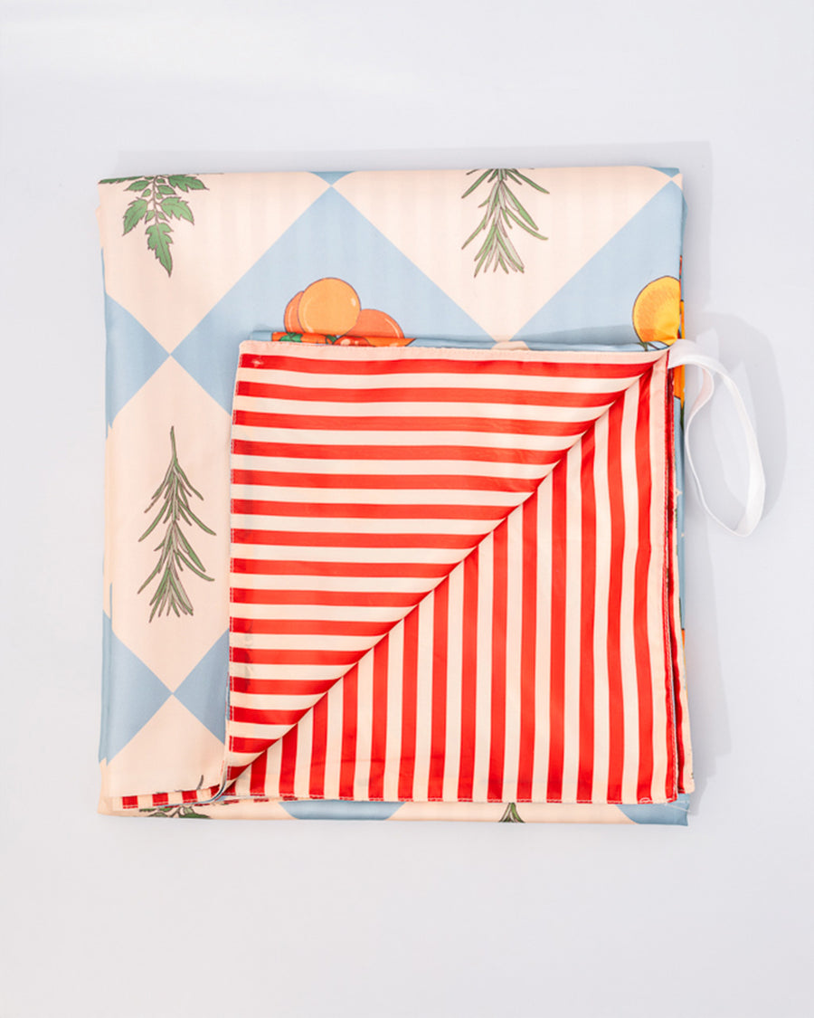 double sided picnic blanket with elastic: cream and blue diamond fruit print and red and cream stripe