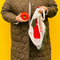 model holding cream open knit market bag with red tomato in the middle and green trim and tomato in the other hand