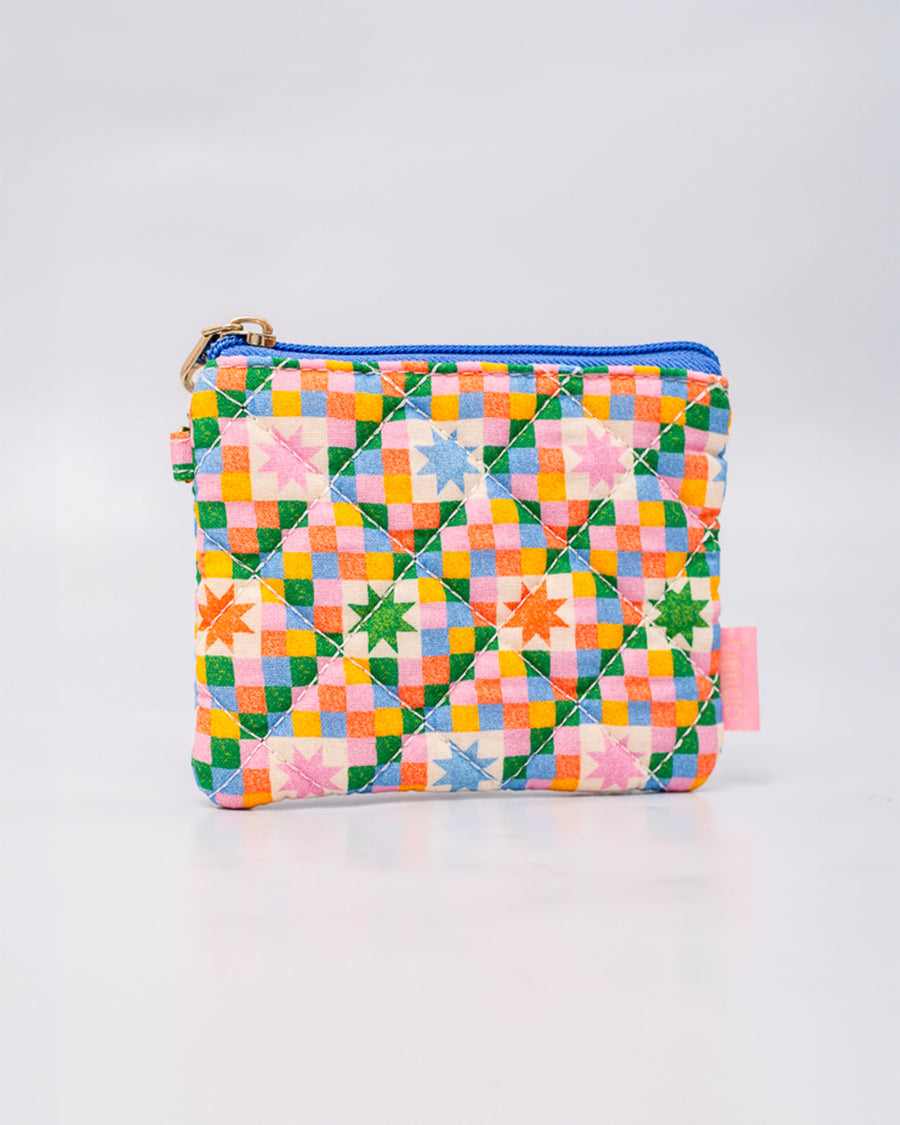 side view of colorful star quilt coin purse