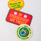 staggered set of 3 embroidered patch stickers: yellow heart with green 'having the most fun possible' across the front, white round 'most likely to glue my fingers together' and red rectangular 'in friendship we trust'