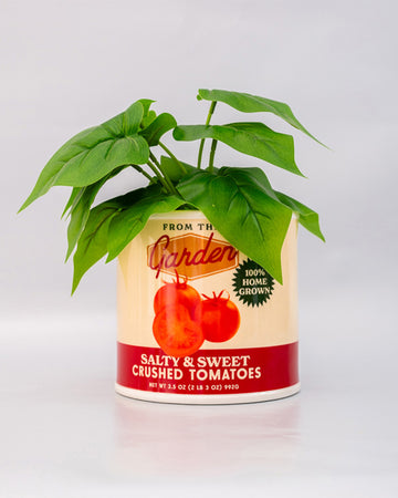 cream tomato can ceramic planter with 'from the garden, 100% home grown" and 'salty & sweet crushed tomatoes' label and plant inside