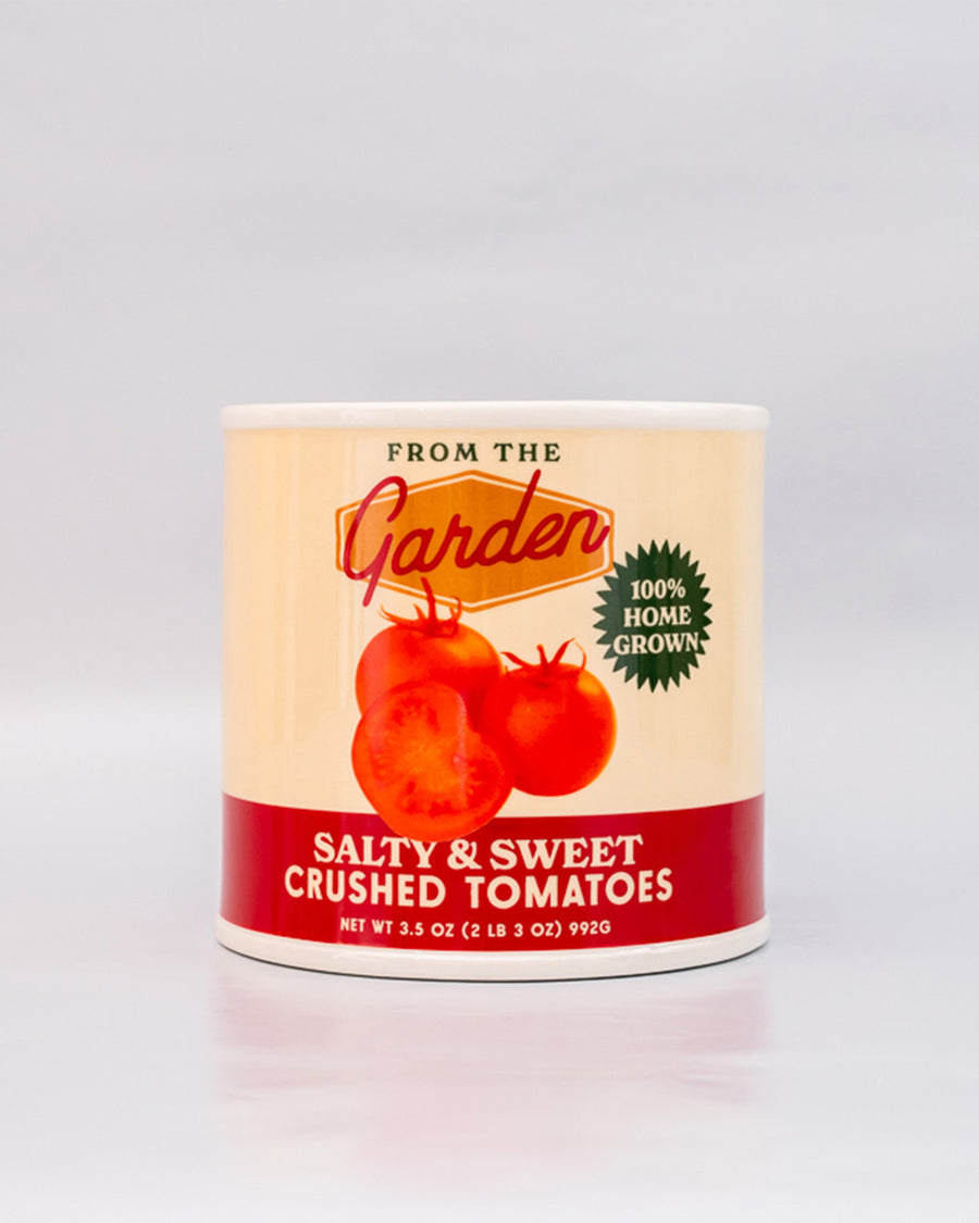 cream tomato can ceramic planter with 'from the garden, 100% home grown" and 'salty & sweet crushed tomatoes' label