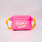 pink rubber waterproof bag with white 'make a splash' with yellow strap