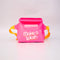 opened pink rubber waterproof bag with white 'make a splash' with yellow strap with velcro closure