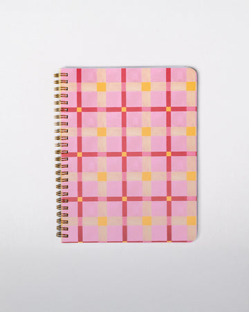 pink mini notebook with cream and yellow plaid pattern