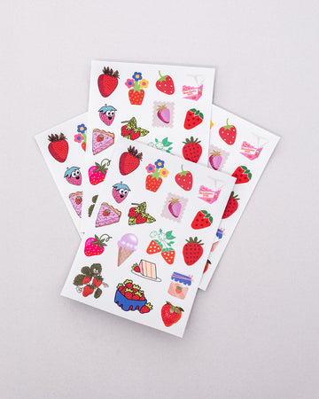 set of 4 pages of strawberry themed stickers with a strawberry scent