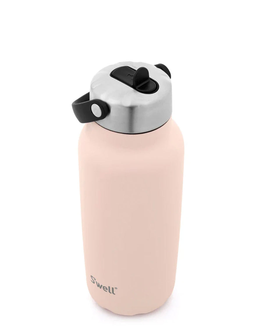 top view of light pink stainless steel water bottle with flip sip lid