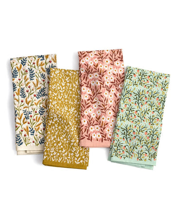 set of 4 dainty floral tea towels: white wildflower, goldenrod floral, pink floral, and sea foam strawberry print