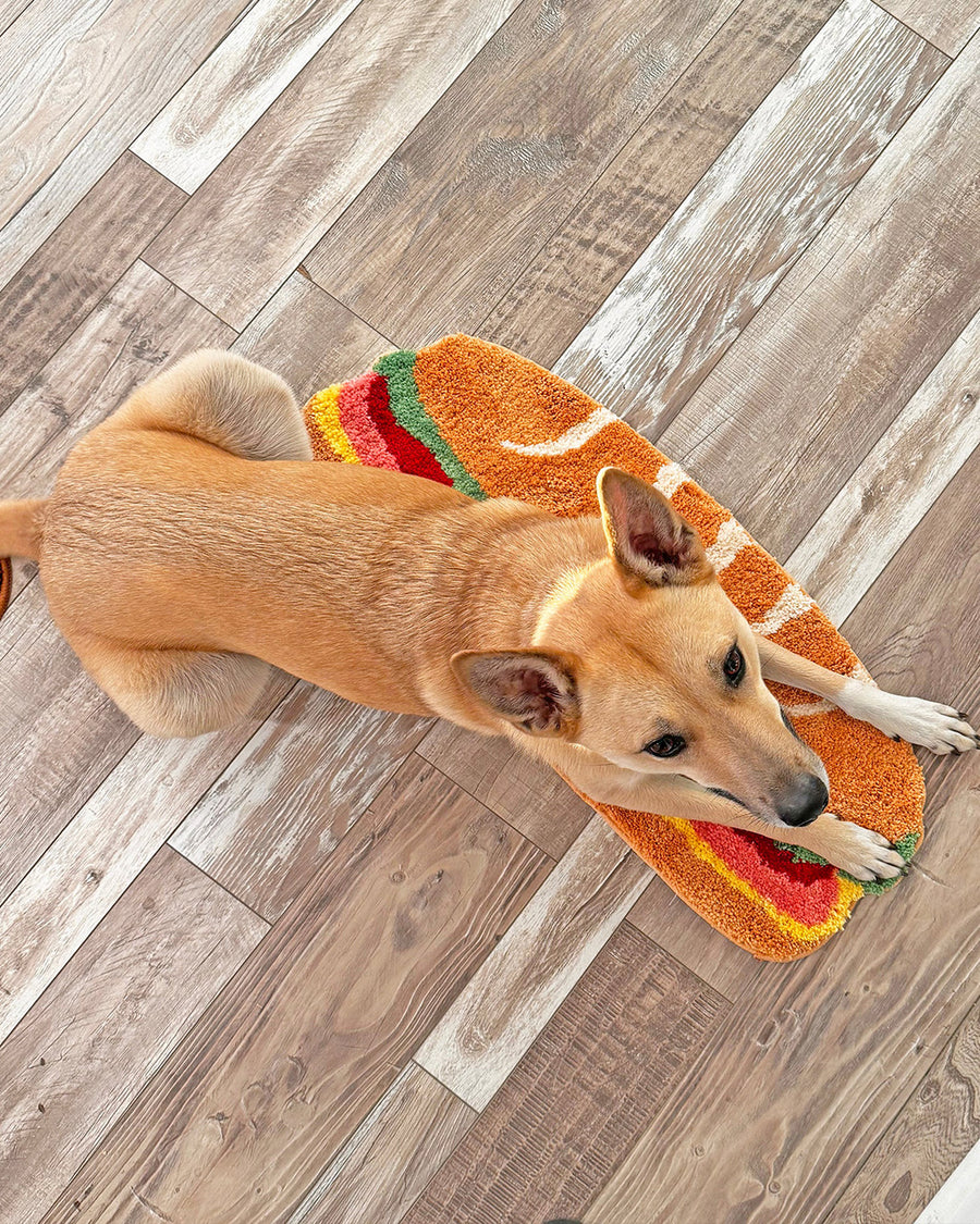 dog laying on long hoagie shaped throw rug with lettuce, cheese and 'deli meat' center