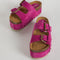 platform suede slide sandals with thick straps and metal buckle closures in fuschia