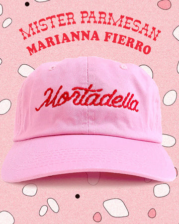 pink hat with red embroidered 'mortadella' across the front