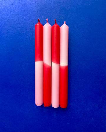 set of 4 red, pink and white layered taper candles