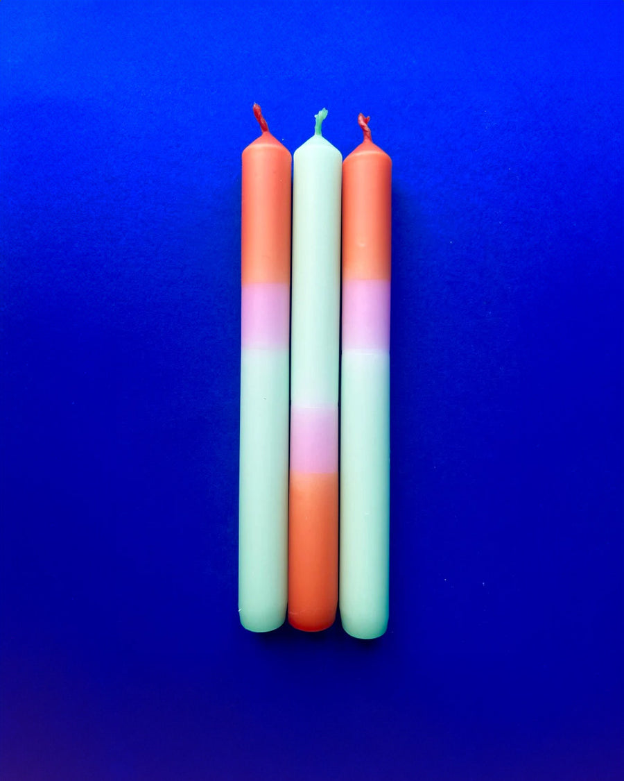 set of 3 orange, mint and pink layered taper candles