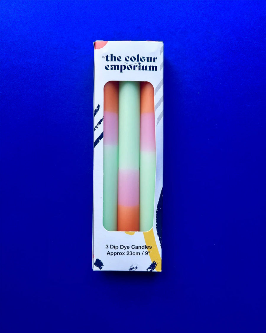 packaged set of 3 orange, mint and pink layered taper candles