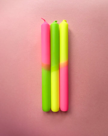 set of 3 pink, lime green and yellow layered taper candles