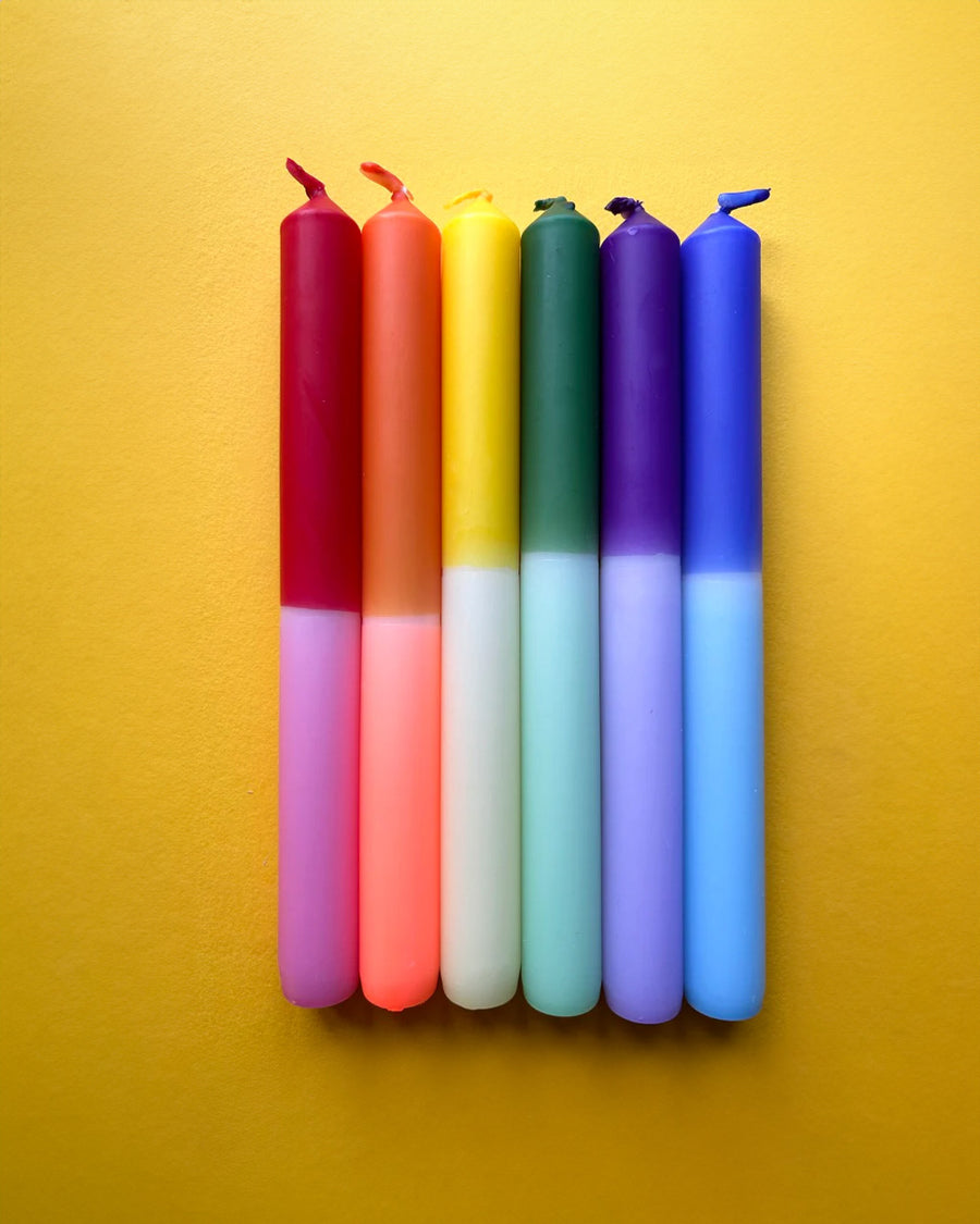 set of 6 colorful two toned taper candles