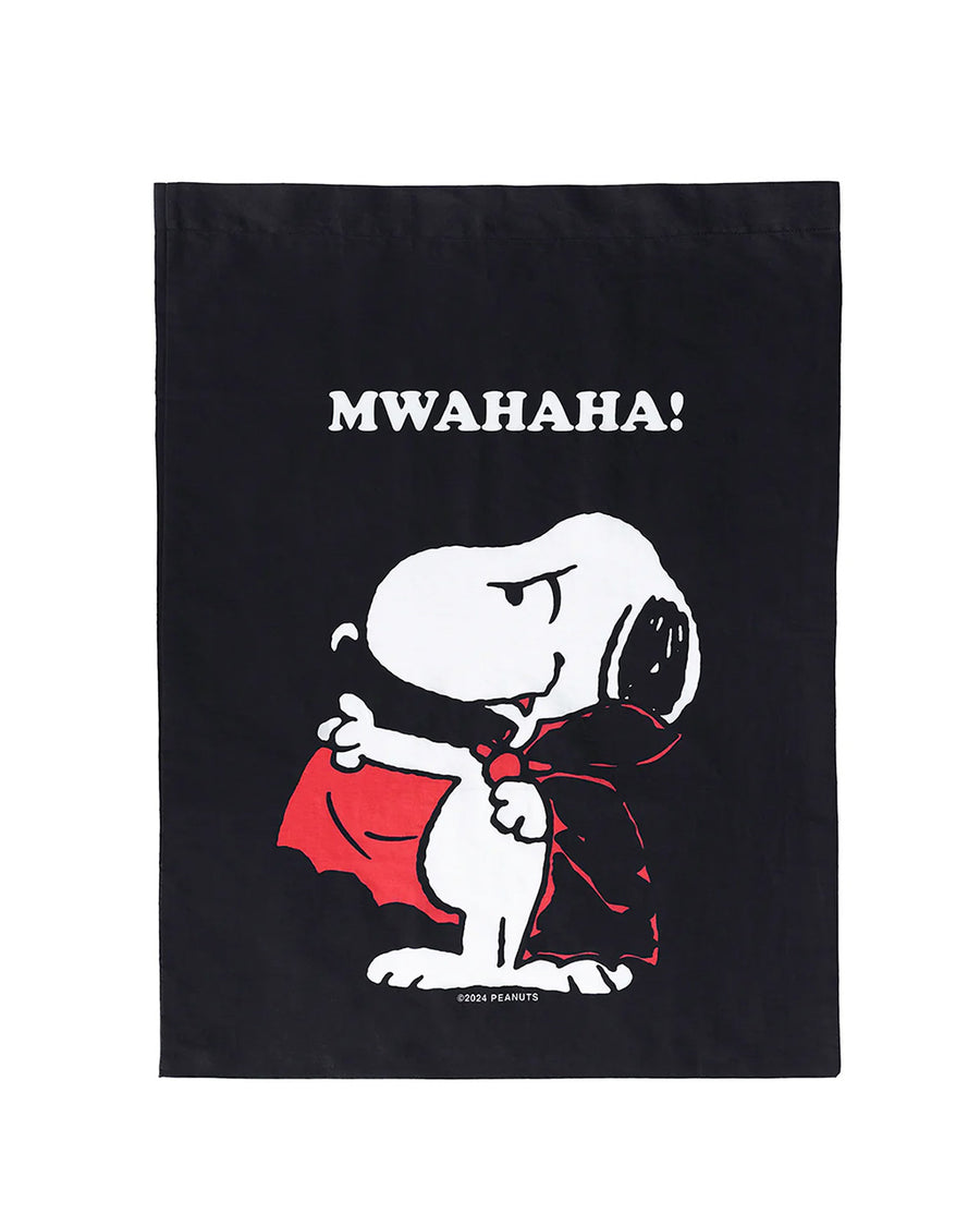 black pillowcase style trick or treat bag with snoopy dracula saying 'MWAHAHAH!