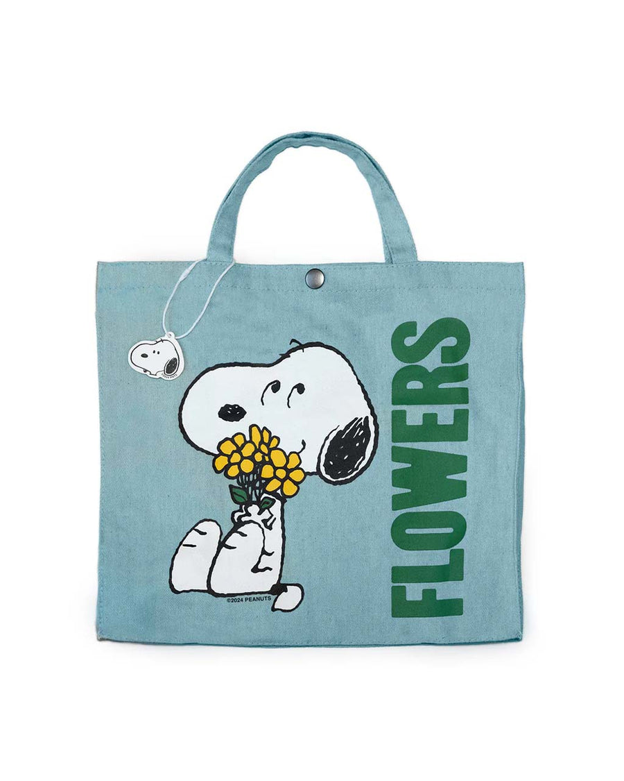 light denim cotton tote with snoopy holding yellow flowers and green 'flowers' on the side