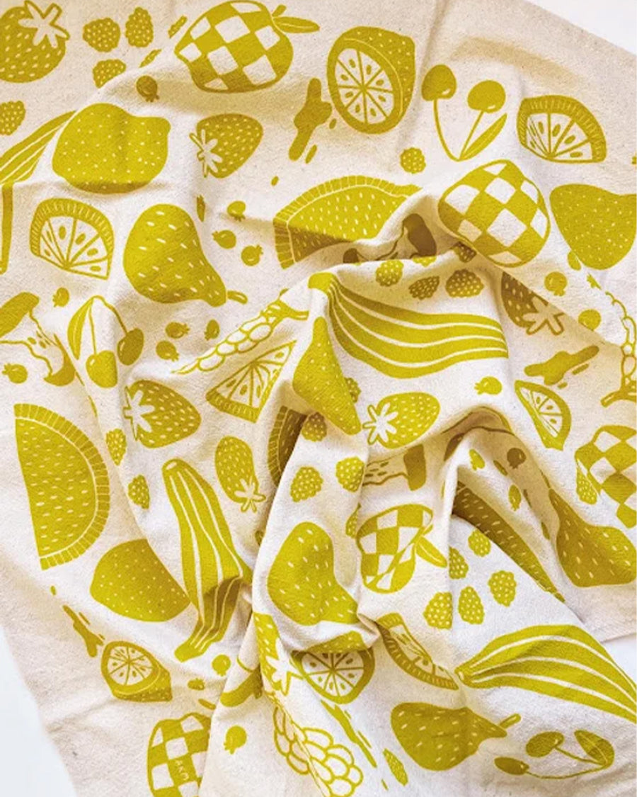 mustard yellow fruit print tea towel