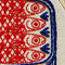 up close of red and blue tin sardine embroidery kit