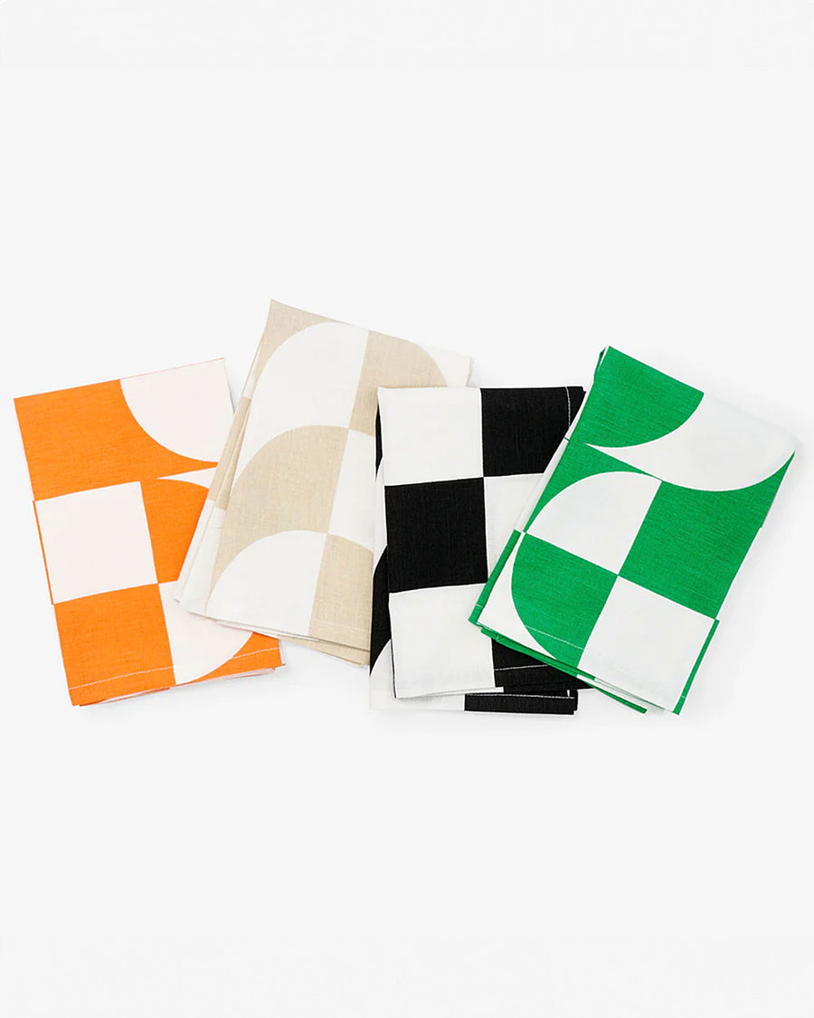 4 trippy checker napkins: orange, tan, black and green