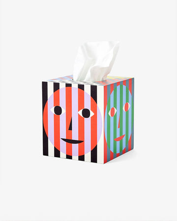 striped tissue box cover with colorful faces