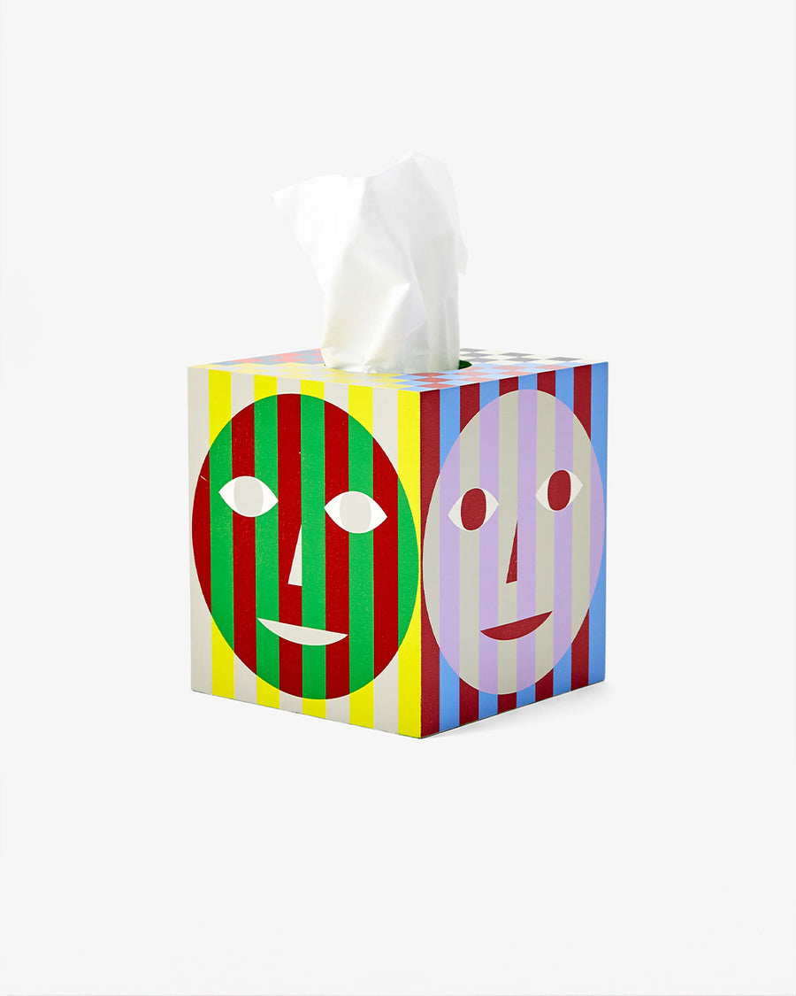 striped tissue box cover with colorful faces